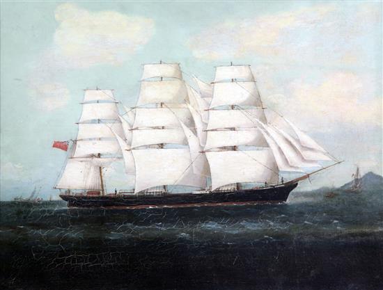 19th century Anglo-Chinese School Clipper ship off the coast of China 17.5 x 23in.